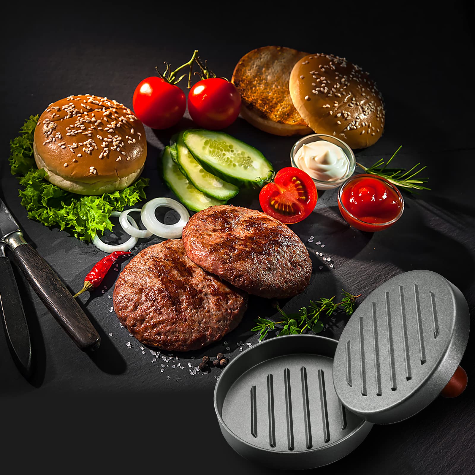 Non Stick Metal Patty Kabab Maker with Press and Wooden Handle Ideal for Perfect Burgers and Breakfast Pancakes Essential Kitchen Tool
