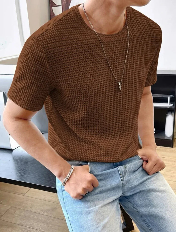 Waffle Knitted T-Shirt – BROWN