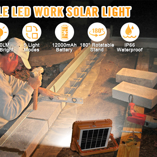 Heavy Duty Portable 100W Rechargeable Work Light with Solar Panel and 5 Modes IP66 Waterproof for Fishing Hiking Repairing