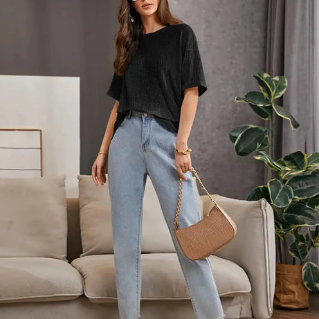 Premium Oversized Waffle Knitted Tee – Black