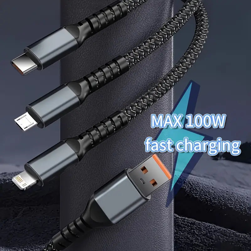 3 in 1 Multiple Interfaces 100W USB Charging Cable with Intelligent Support and Visual Power For Home and Outdoor Use