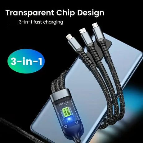 3 in 1 Multiple Interfaces 100W USB Charging Cable with Intelligent Support and Visual Power For Home and Outdoor Use