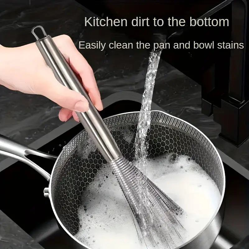(Pack of 2) Multifunctional Long Handle Stainless Steel Pot Cleaning Brush Tool for Kitchen Use