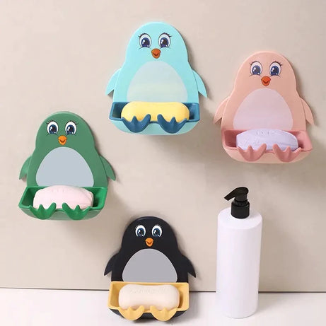 2 Pcs Wall-Mounted Soap Holder with Hook in Cute Penguins Shape Punch Free for Bathroom