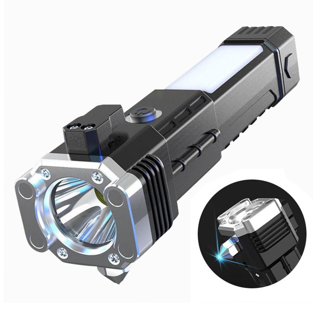 Side Flood Light Long Distance Beam Range Car Rescue Torch with Hammer Window Glass and Seat Belt Cutter