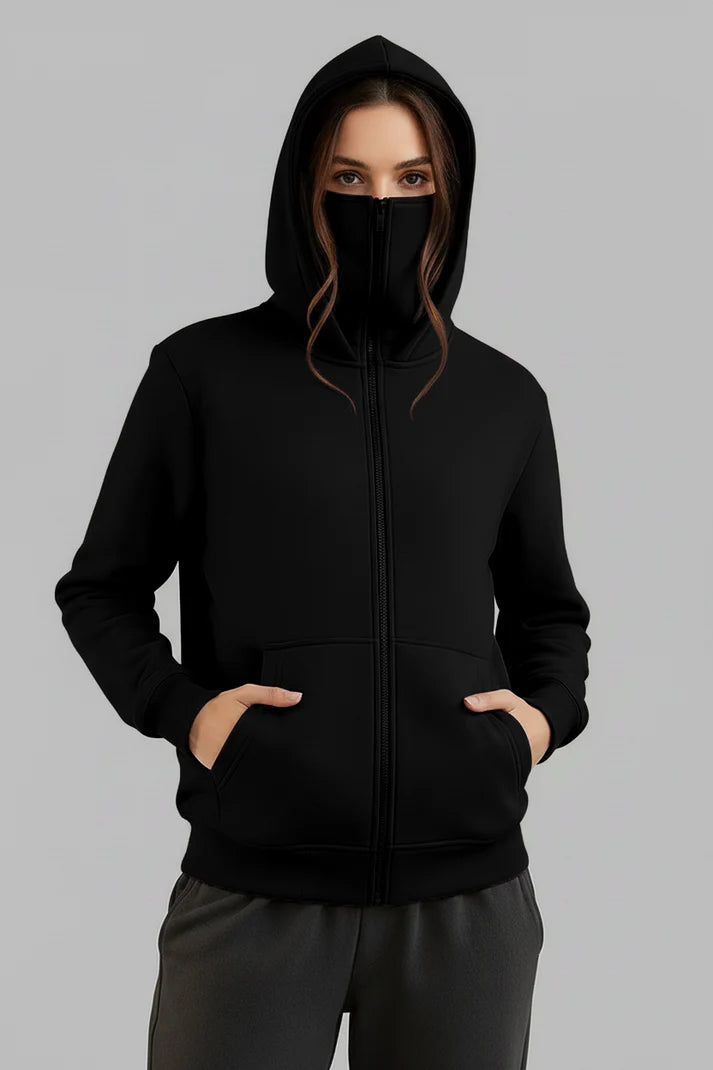 Balaclava Ninja Zipper Hoodie Jacket in Black For Women