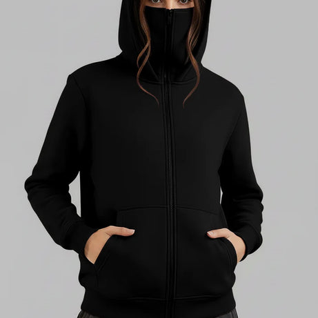 Balaclava Ninja Zipper Hoodie Jacket in Black For Women