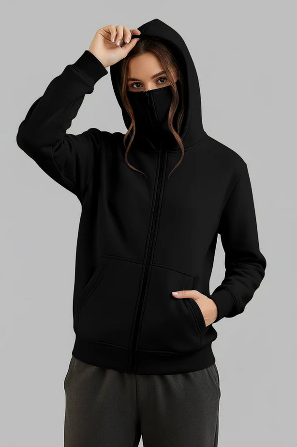 Balaclava Ninja Zipper Hoodie Jacket in Black For Women