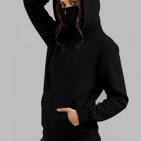 Balaclava Ninja Zipper Hoodie Jacket in Black For Women