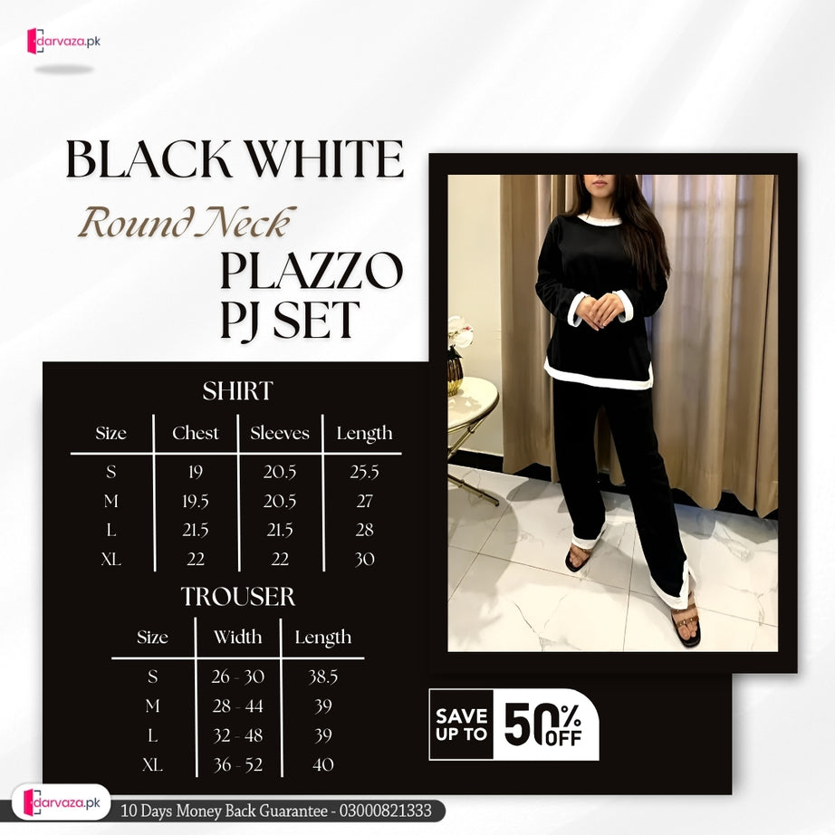 Black White Round Neck Plazzo PJ Set
