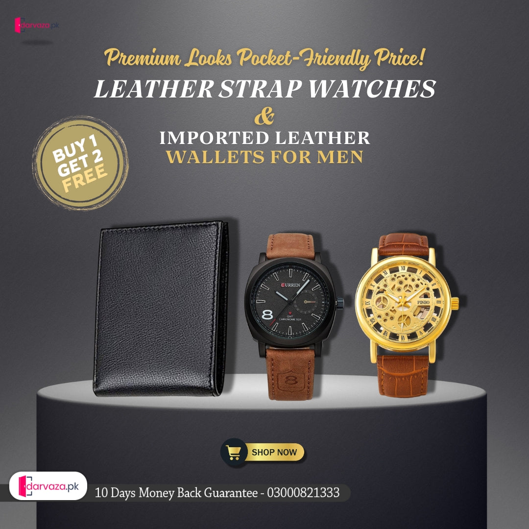 Buy 1 Get 2 Free Deal 2 Imported Leather Strap Wrist Watches & Original Leather Wallets For Men