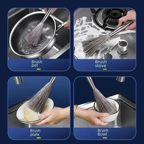 (Pack of 2) Multifunctional Long Handle Stainless Steel Pot Cleaning Brush Tool for Kitchen Use
