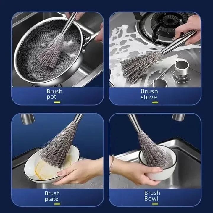 (Pack of 2) Multifunctional Long Handle Stainless Steel Pot Cleaning Brush Tool for Kitchen Use