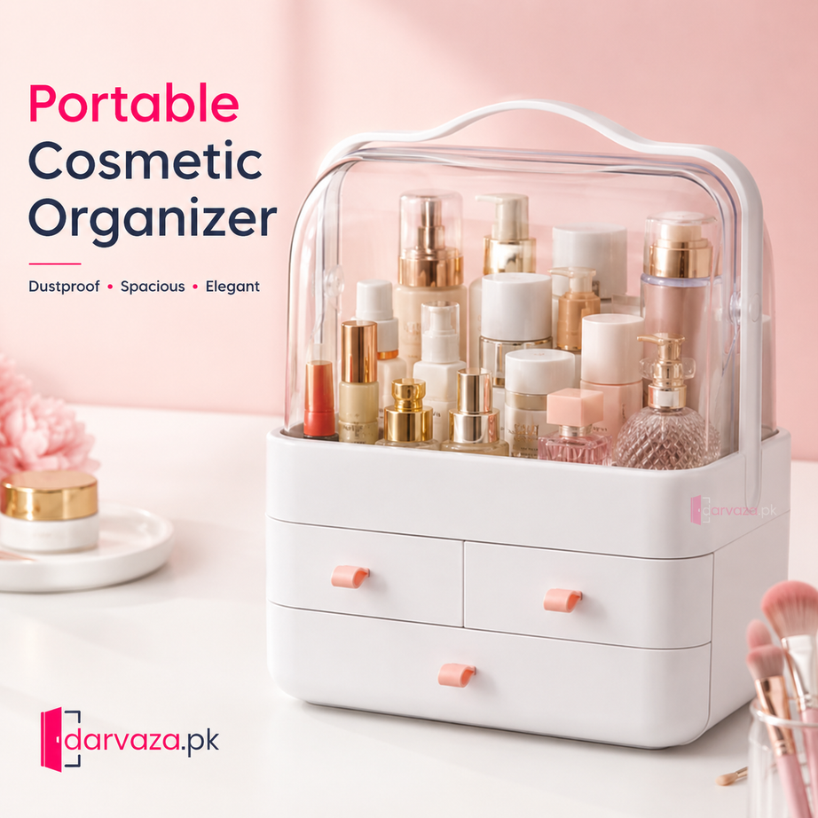 Portable Cosmetic Organizer with Dustproof Cover & 3 Drawers | Large-Capacity Makeup & Skincare Storage Box