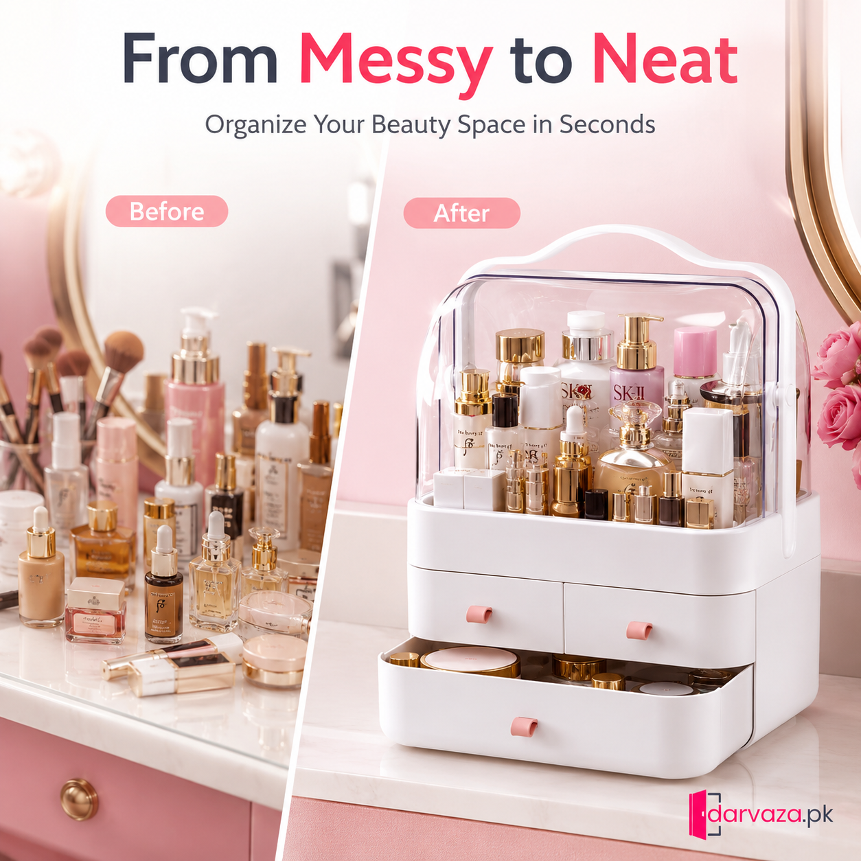Portable Cosmetic Organizer with Dustproof Cover & 3 Drawers | Large-Capacity Makeup & Skincare Storage Box