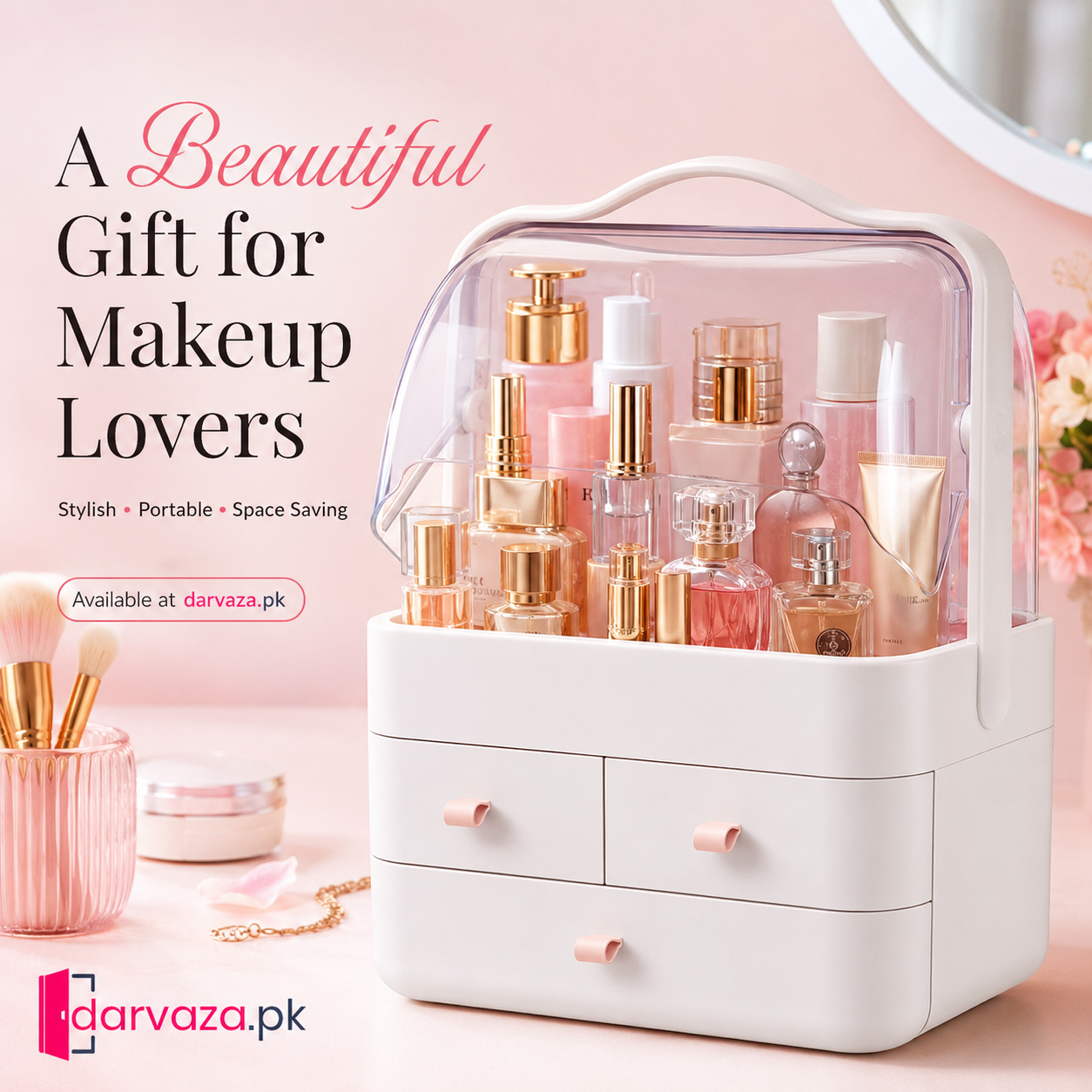 Portable Cosmetic Organizer with Dustproof Cover & 3 Drawers | Large-Capacity Makeup & Skincare Storage Box