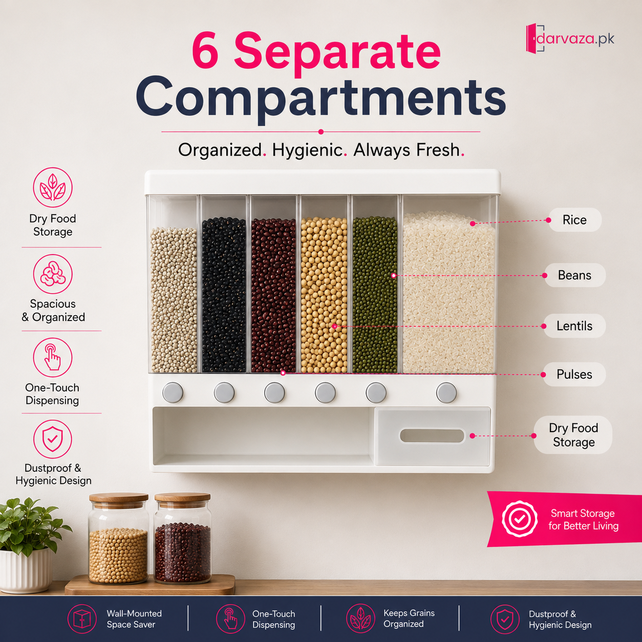 6-in-1 Wall-Mounted Dry Food Dispenser with Collection Drawer