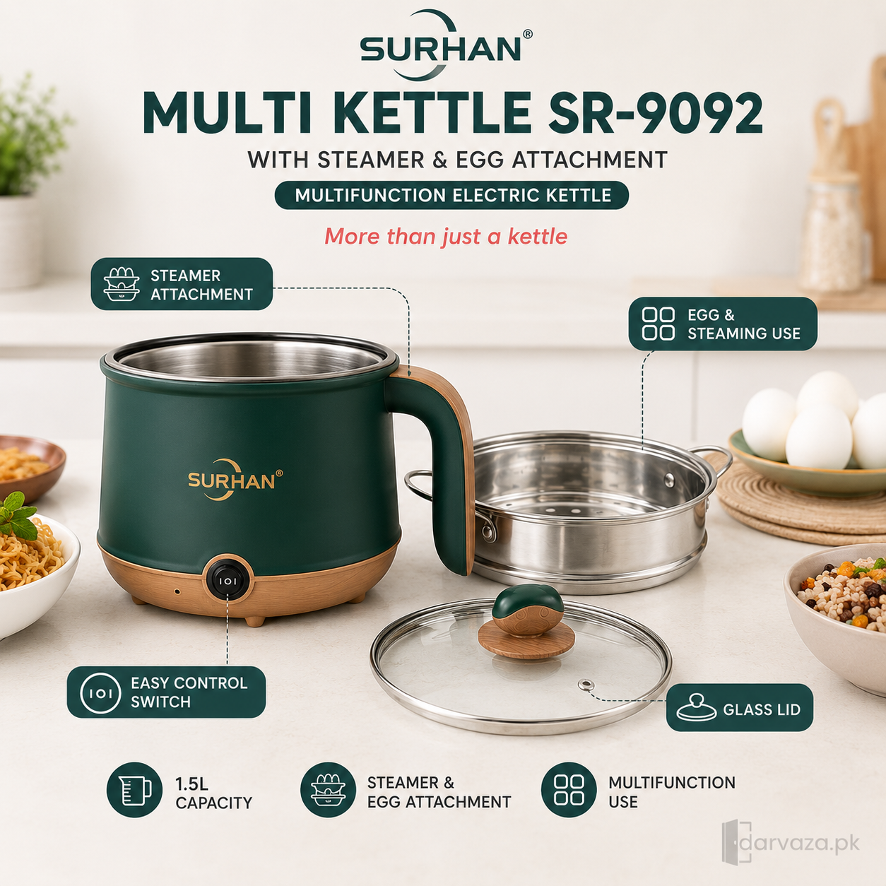 Surhan SR-9092 1.5L Multi Kettle with Steamer & Egg Attachment