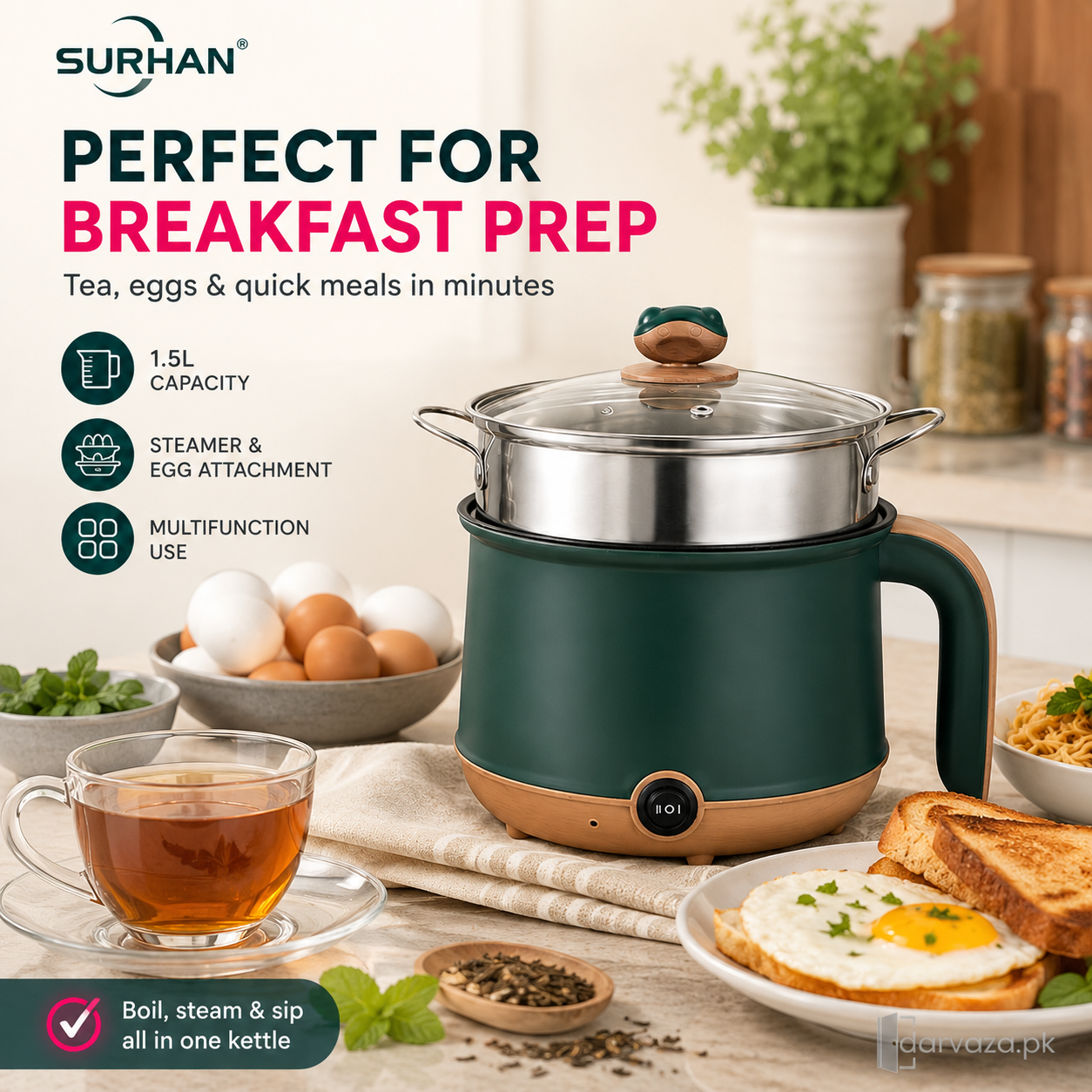 Surhan SR-9092 1.5L Multi Kettle with Steamer & Egg Attachment