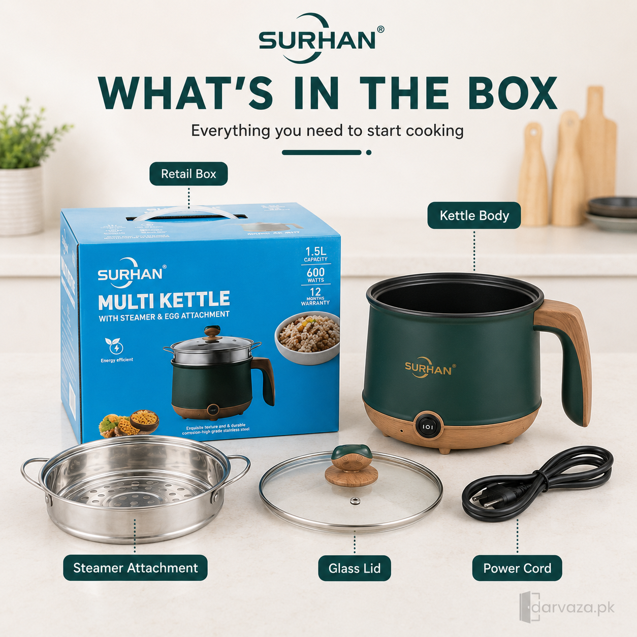 Surhan SR-9092 1.5L Multi Kettle with Steamer & Egg Attachment