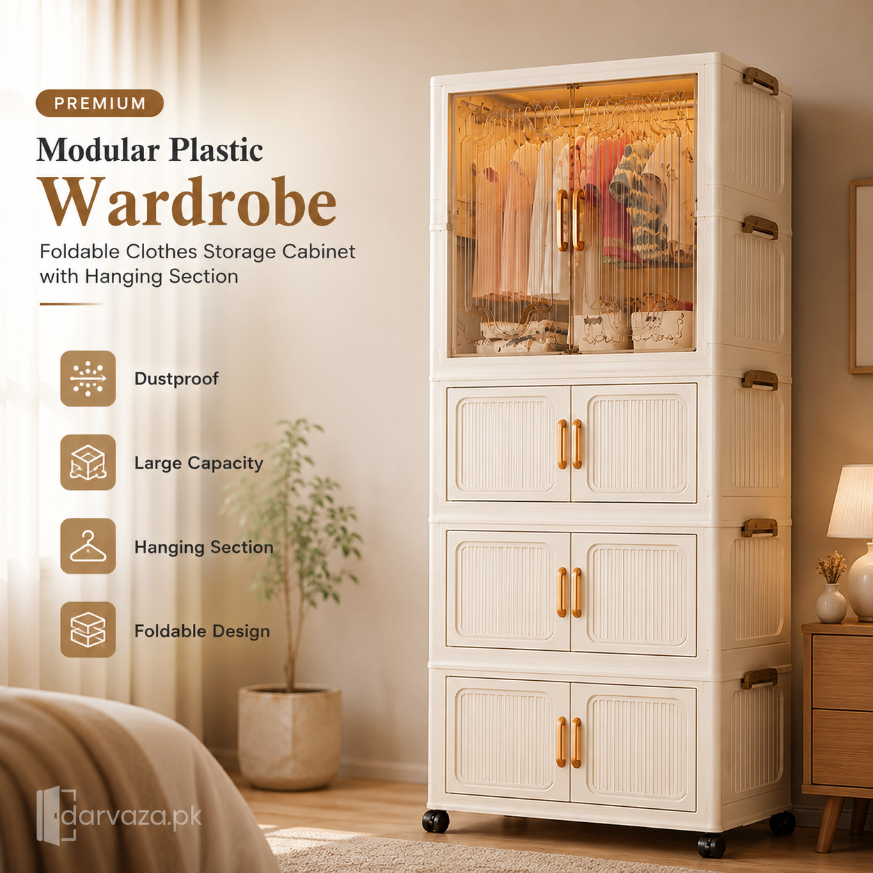 Premium Modular Plastic Wardrobe with Hanging Section – Foldable Dustproof Clothes Storage Cabinet