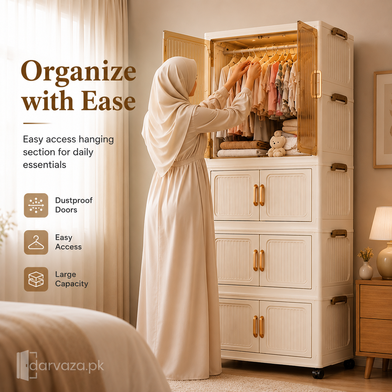Premium Modular Plastic Wardrobe with Hanging Section – Foldable Dustproof Clothes Storage Cabinet