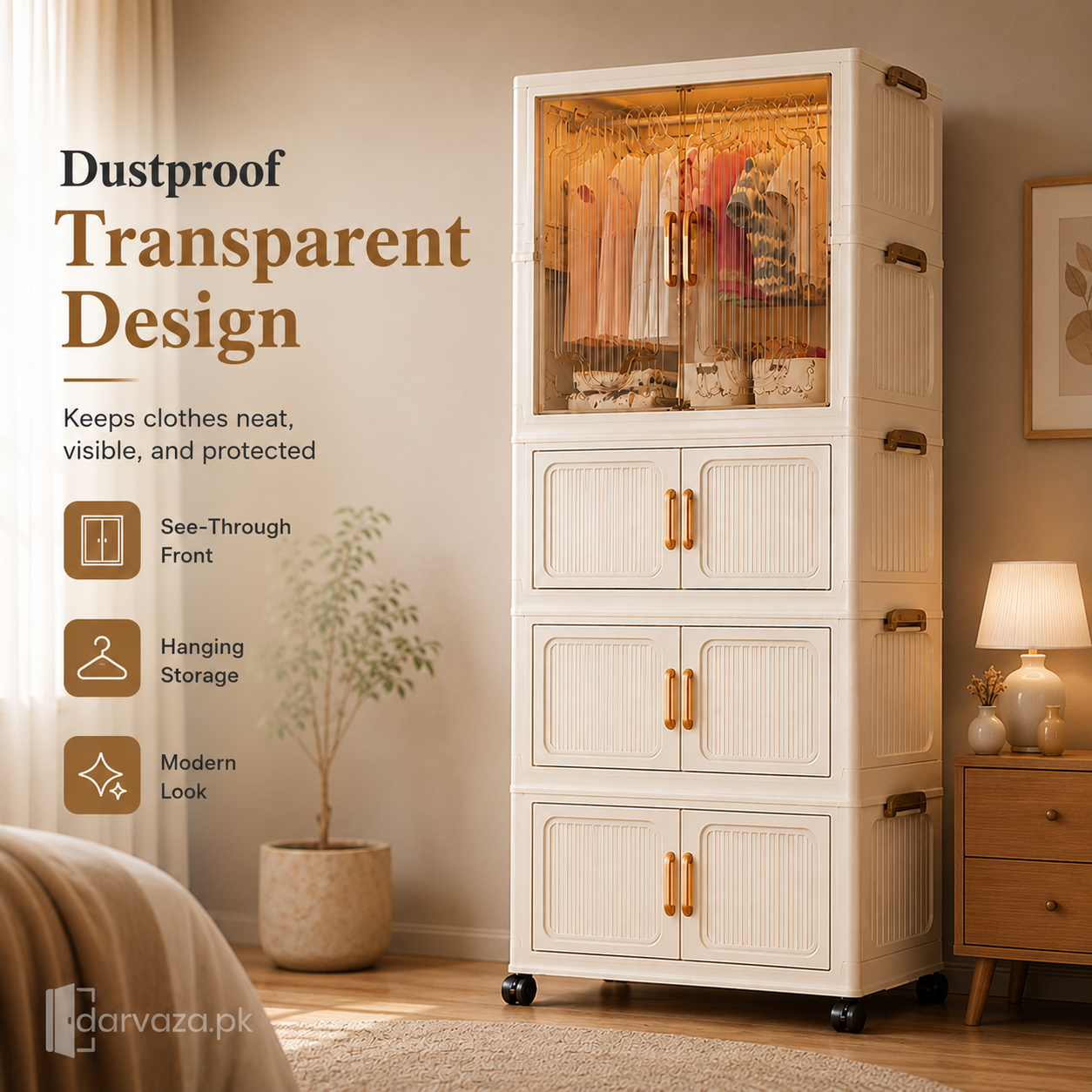 Premium Modular Plastic Wardrobe with Hanging Section – Foldable Dustproof Clothes Storage Cabinet