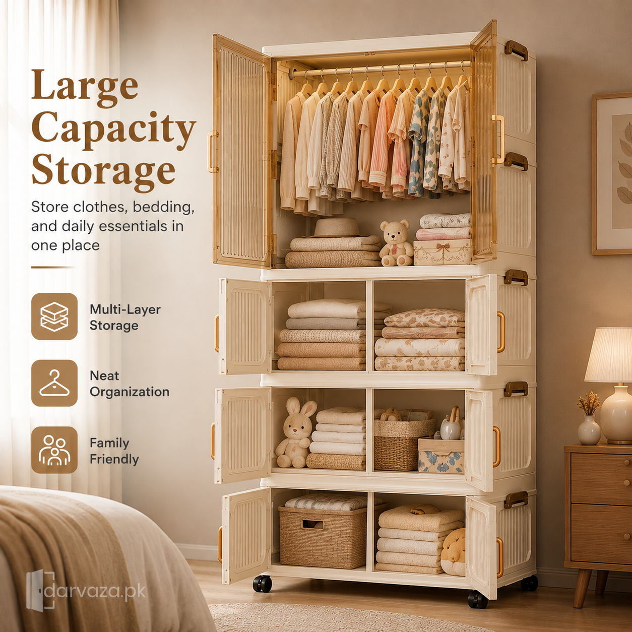 Premium Modular Plastic Wardrobe with Hanging Section – Foldable Dustproof Clothes Storage Cabinet