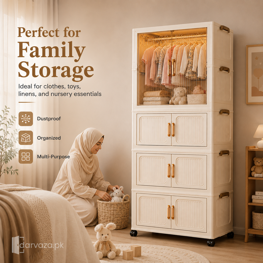 Premium Modular Plastic Wardrobe with Hanging Section – Foldable Dustproof Clothes Storage Cabinet