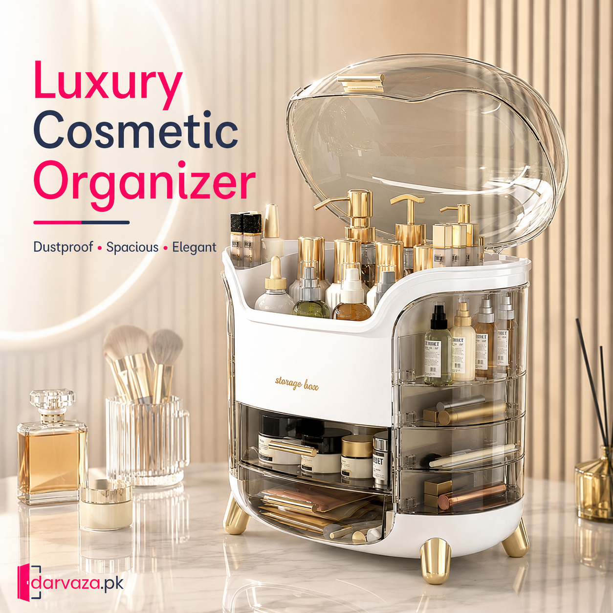 Luxury Dustproof Cosmetic Organizer with Transparent Cover & Multi-Drawer Storage | Makeup & Skincare Storage Box