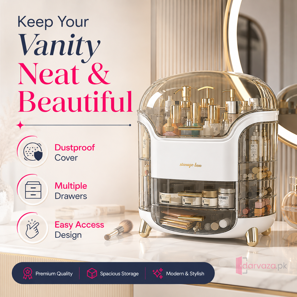 Luxury Dustproof Cosmetic Organizer with Transparent Cover & Multi-Drawer Storage | Makeup & Skincare Storage Box