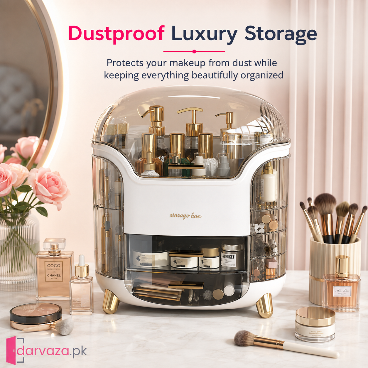Luxury Dustproof Cosmetic Organizer with Transparent Cover & Multi-Drawer Storage | Makeup & Skincare Storage Box