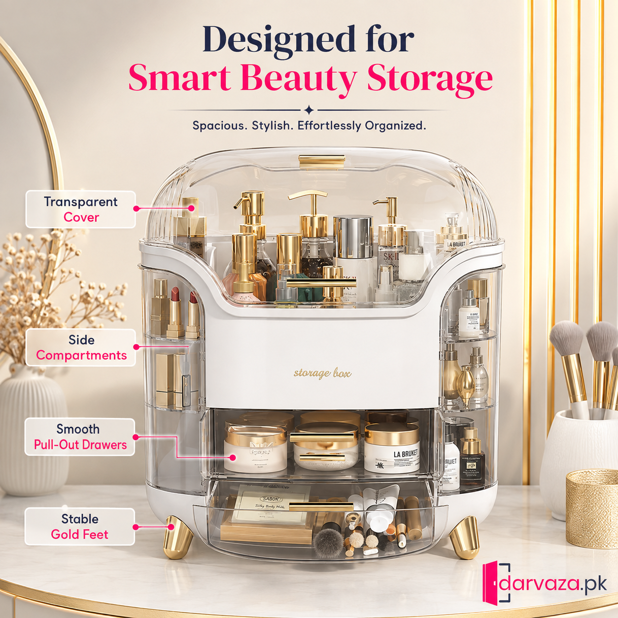 Luxury Dustproof Cosmetic Organizer with Transparent Cover & Multi-Drawer Storage | Makeup & Skincare Storage Box