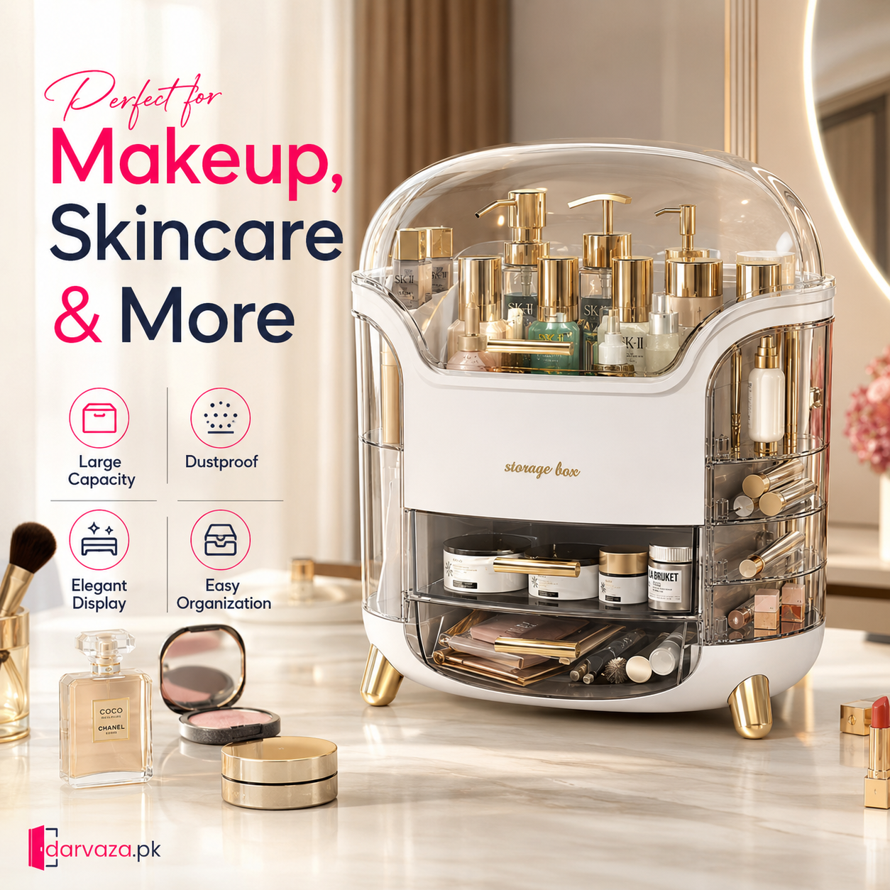 Luxury Dustproof Cosmetic Organizer with Transparent Cover & Multi-Drawer Storage | Makeup & Skincare Storage Box