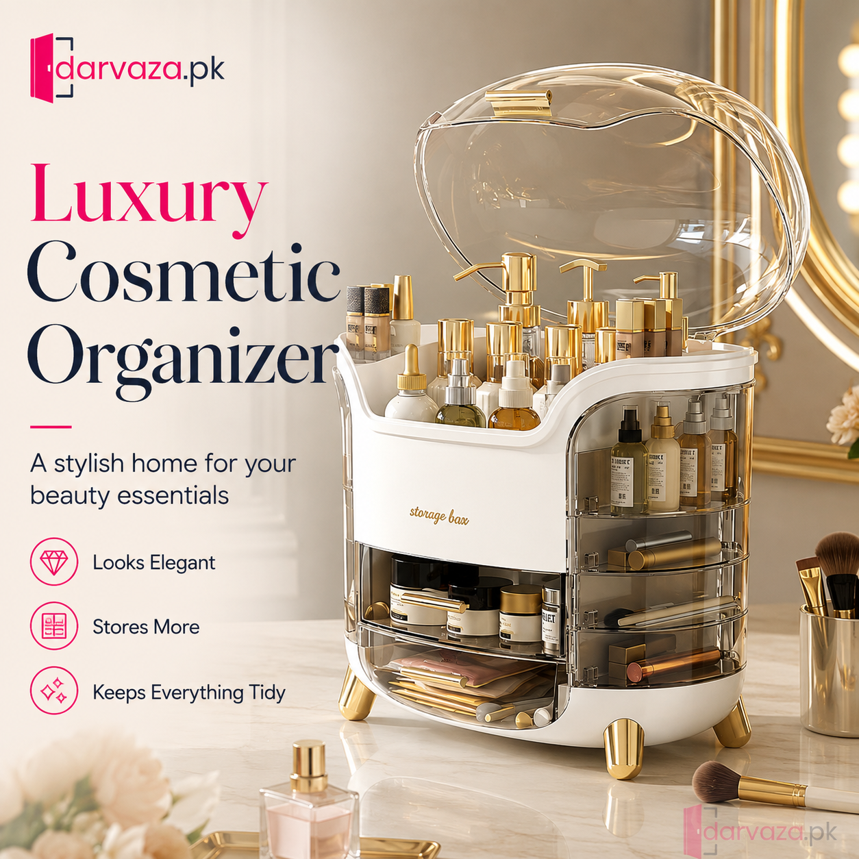 Luxury Dustproof Cosmetic Organizer with Transparent Cover & Multi-Drawer Storage | Makeup & Skincare Storage Box