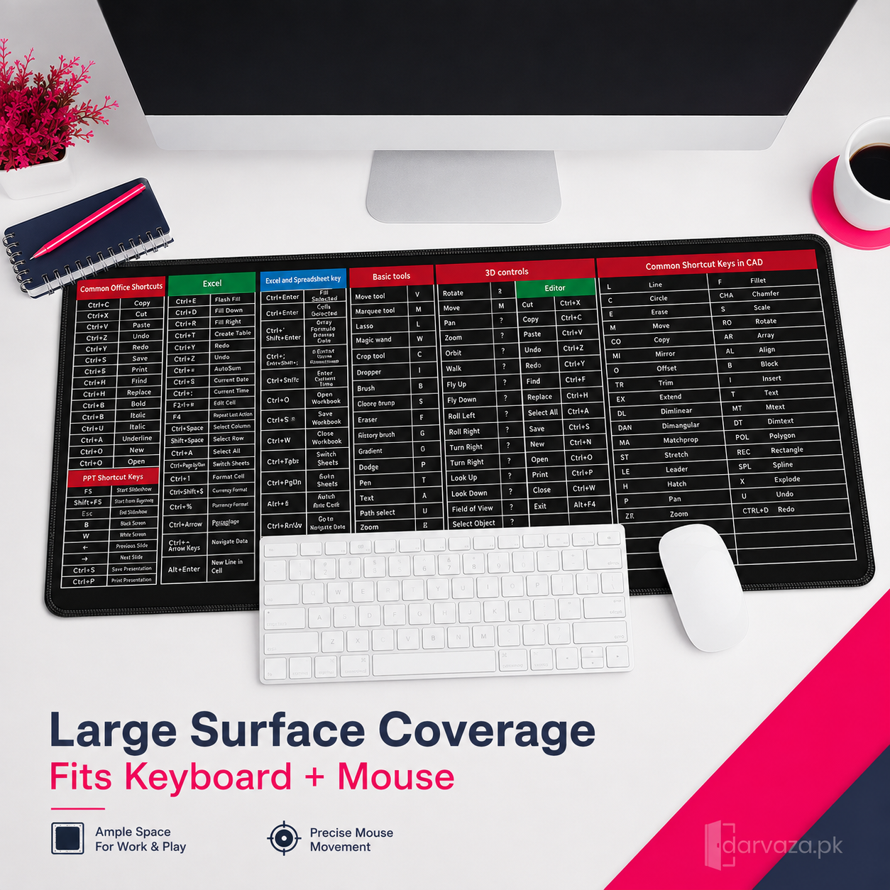 Anti-Slip Shortcut Key Extended Desk Mat | Large Keyboard & Mouse Pad