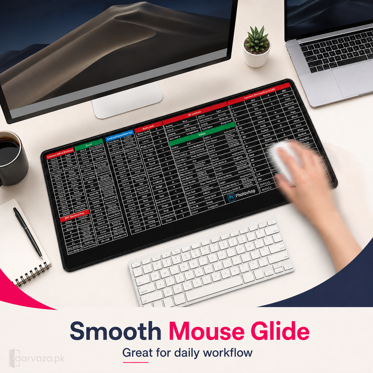 Anti-Slip Shortcut Key Extended Desk Mat | Large Keyboard & Mouse Pad