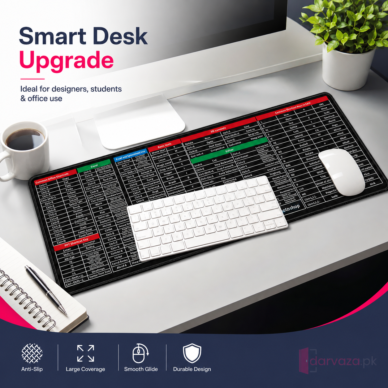 Anti-Slip Shortcut Key Extended Desk Mat | Large Keyboard & Mouse Pad