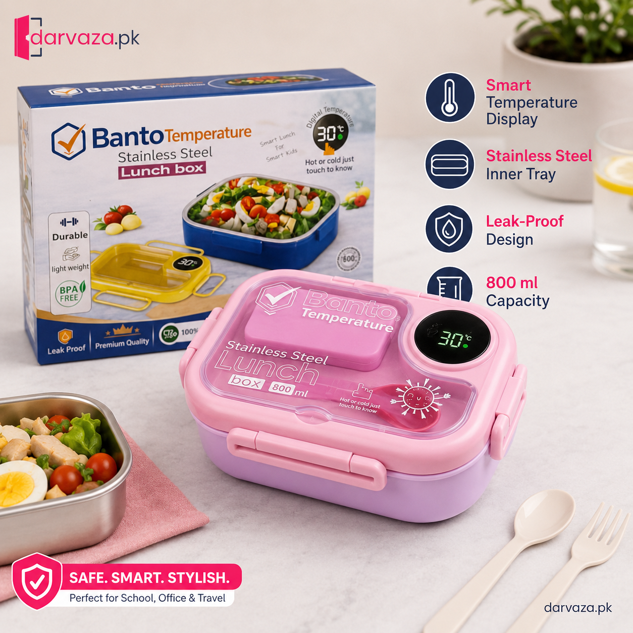 Banto Smart Temperature Stainless Steel Lunch Box – 800ml Leak-Proof Bento Box with Digital Display & Built-In Spoon
