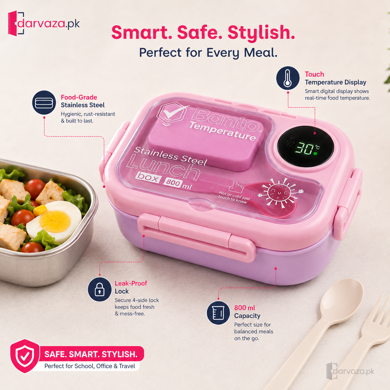 Banto Smart Temperature Stainless Steel Lunch Box – 800ml Leak-Proof Bento Box with Digital Display & Built-In Spoon