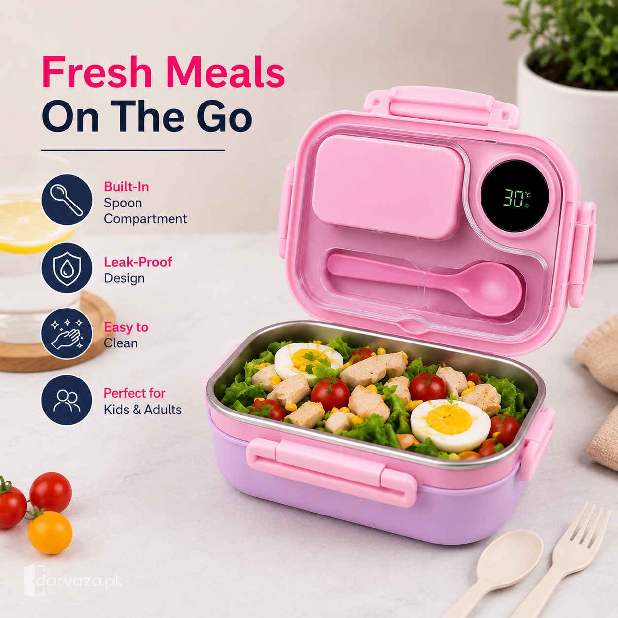 Banto Smart Temperature Stainless Steel Lunch Box – 800ml Leak-Proof Bento Box with Digital Display & Built-In Spoon