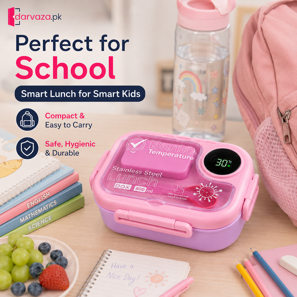Banto Smart Temperature Stainless Steel Lunch Box – 800ml Leak-Proof Bento Box with Digital Display & Built-In Spoon