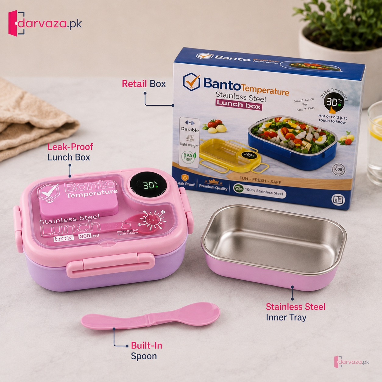Banto Smart Temperature Stainless Steel Lunch Box – 800ml Leak-Proof Bento Box with Digital Display & Built-In Spoon