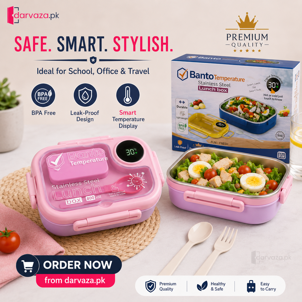Banto Smart Temperature Stainless Steel Lunch Box – 800ml Leak-Proof Bento Box with Digital Display & Built-In Spoon