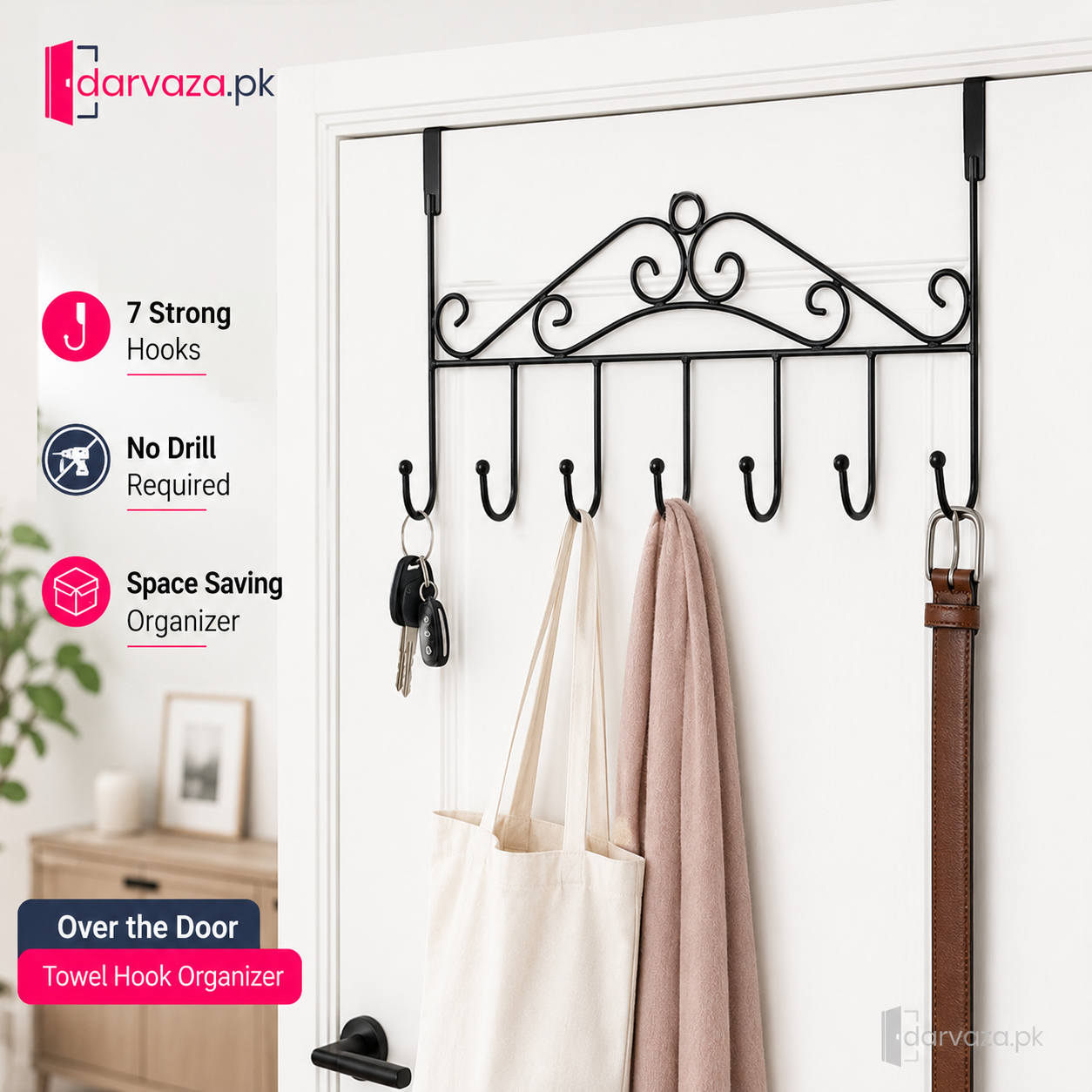 Pack of 2 Premium 7-Hook Over-the-Door Organizer | No-Drill Metal Towel, Bag & Accessory Hanger