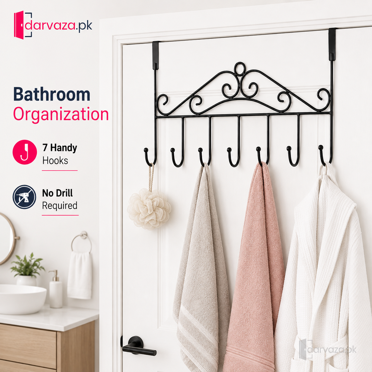 Pack of 2 Premium 7-Hook Over-the-Door Organizer | No-Drill Metal Towel, Bag & Accessory Hanger