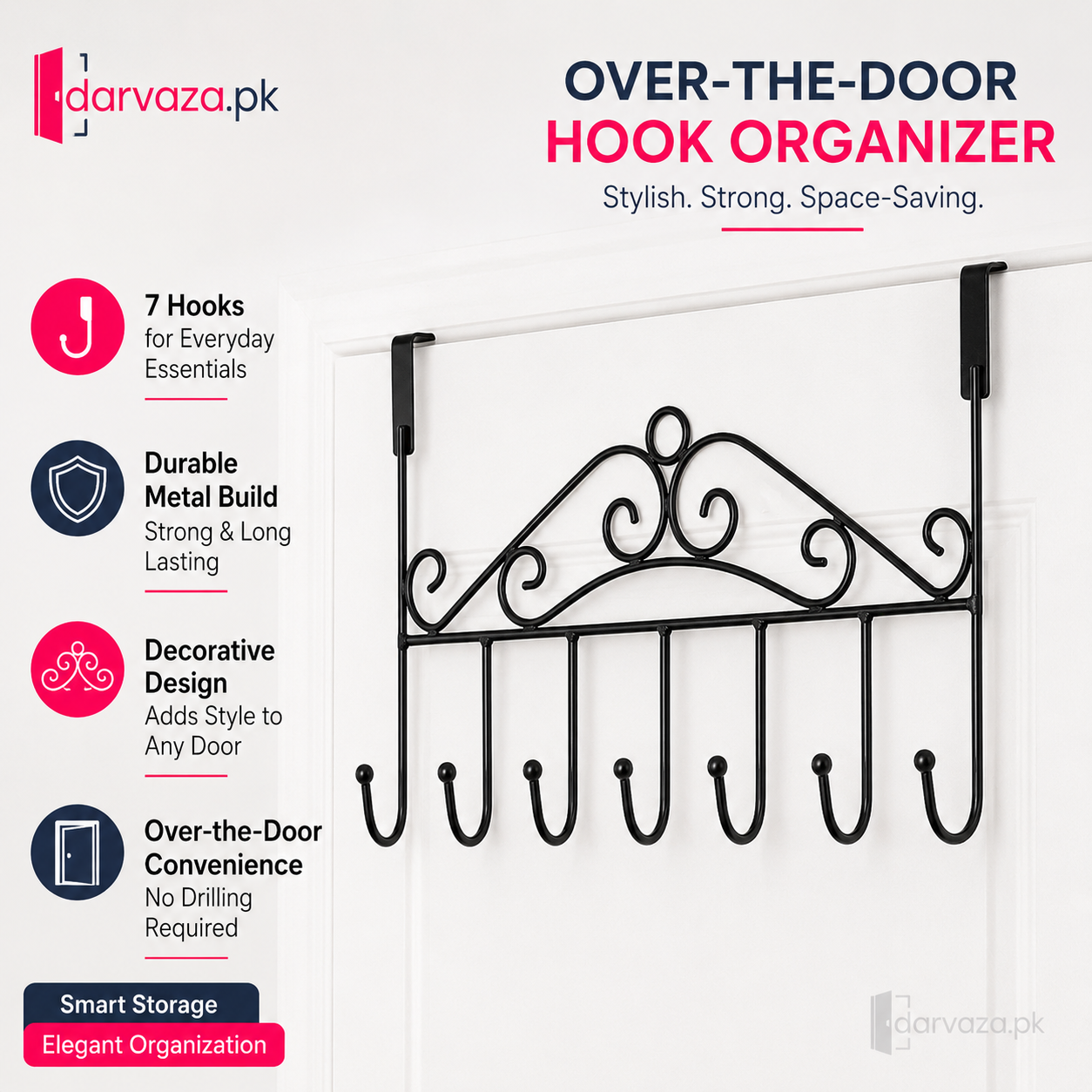 Pack of 2 Premium 7-Hook Over-the-Door Organizer | No-Drill Metal Towel, Bag & Accessory Hanger