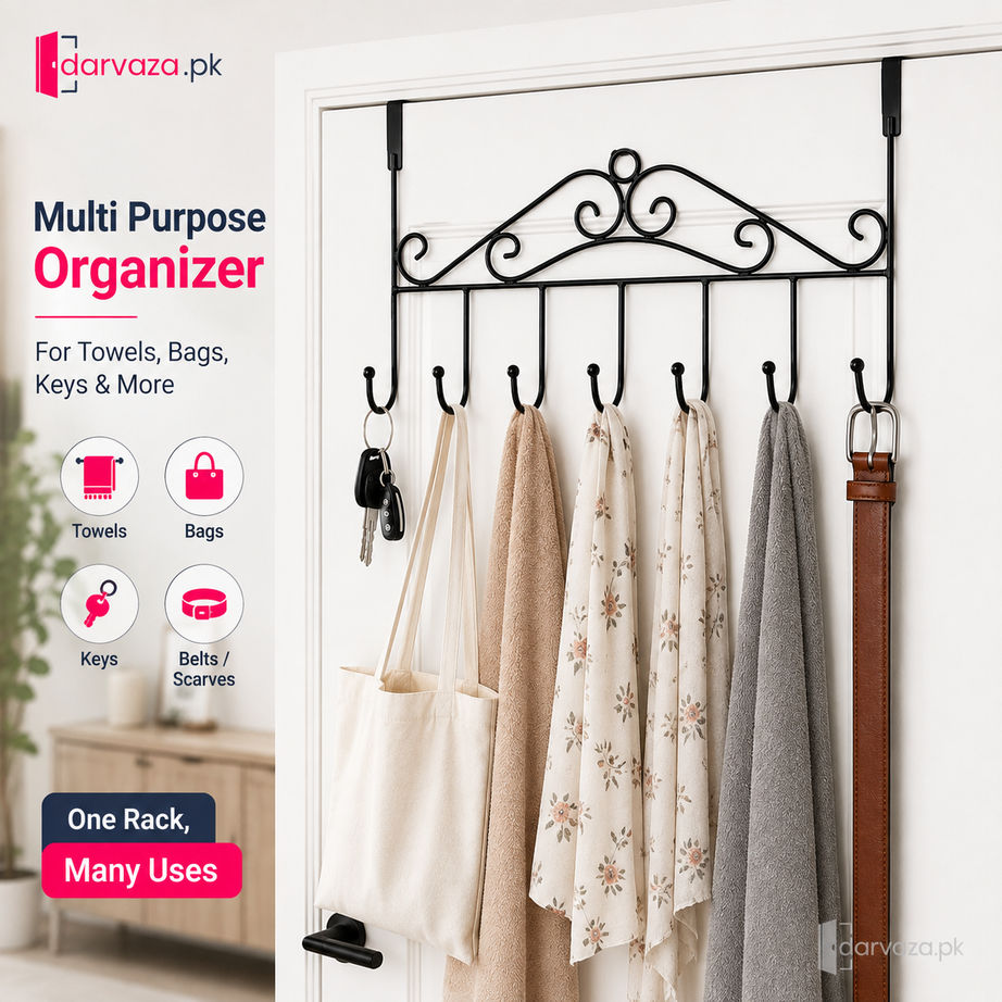 Pack of 2 Premium 7-Hook Over-the-Door Organizer | No-Drill Metal Towel, Bag & Accessory Hanger