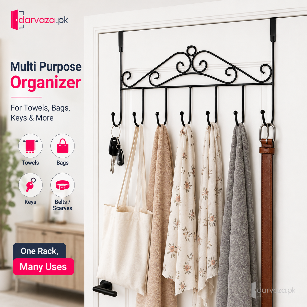 Pack of 2 Premium 7-Hook Over-the-Door Organizer | No-Drill Metal Towel, Bag & Accessory Hanger