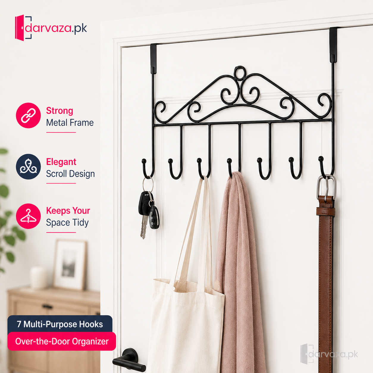 Pack of 2 Premium 7-Hook Over-the-Door Organizer | No-Drill Metal Towel, Bag & Accessory Hanger